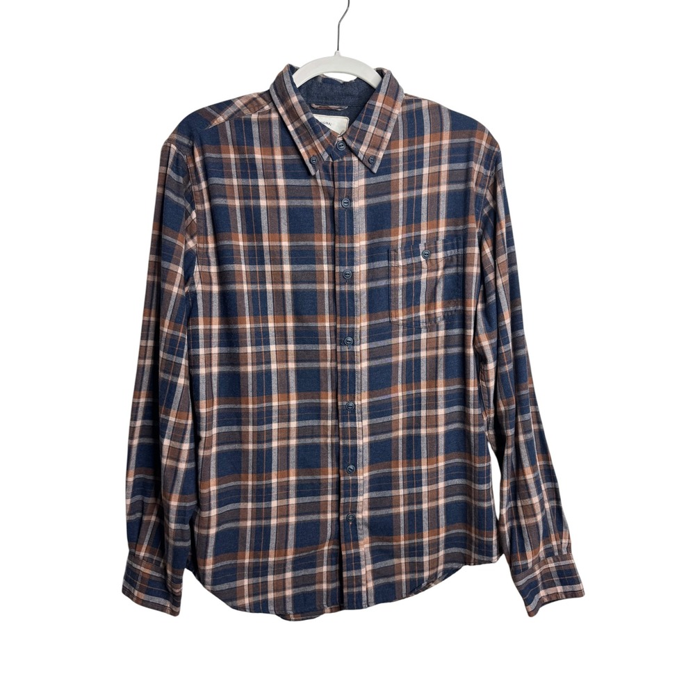 Weatherproof Vintage Mens Medium Plaid Flannel Shirt Navy Brown Button Down